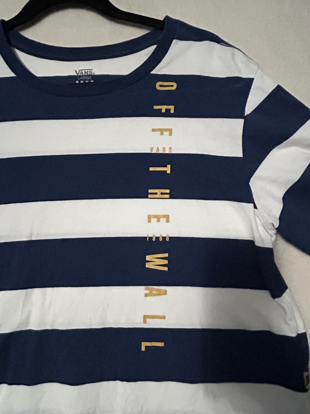 Vans Women's Large Navy Stripe Crop Top Off The Wall 1966 Gold Logo
